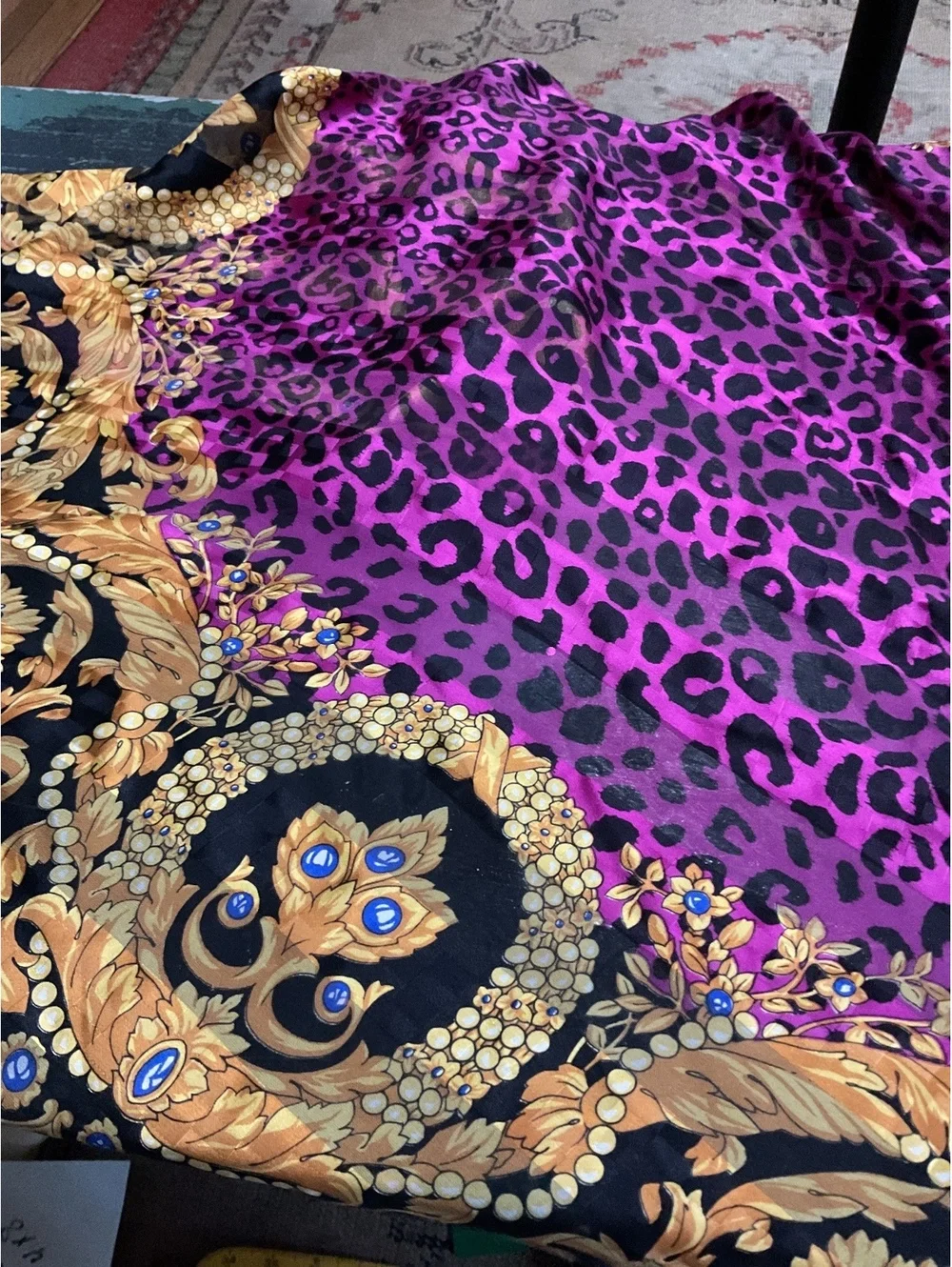Elegant 100% Silk Purple Leopard Print and Gold Patterned Scarf